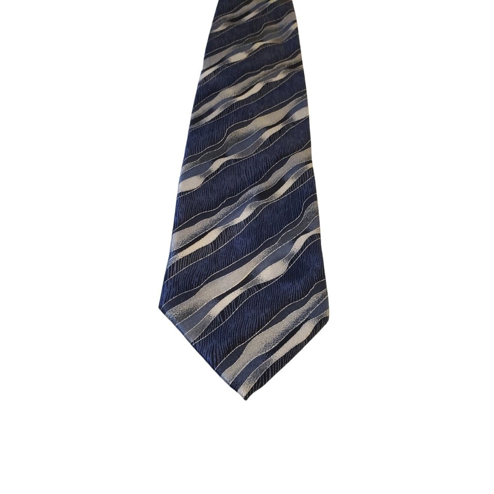 Gino Rossini Italy Neck Tie Pure Silk Blue Gray Wave Abstract Graphic Ocean Work
